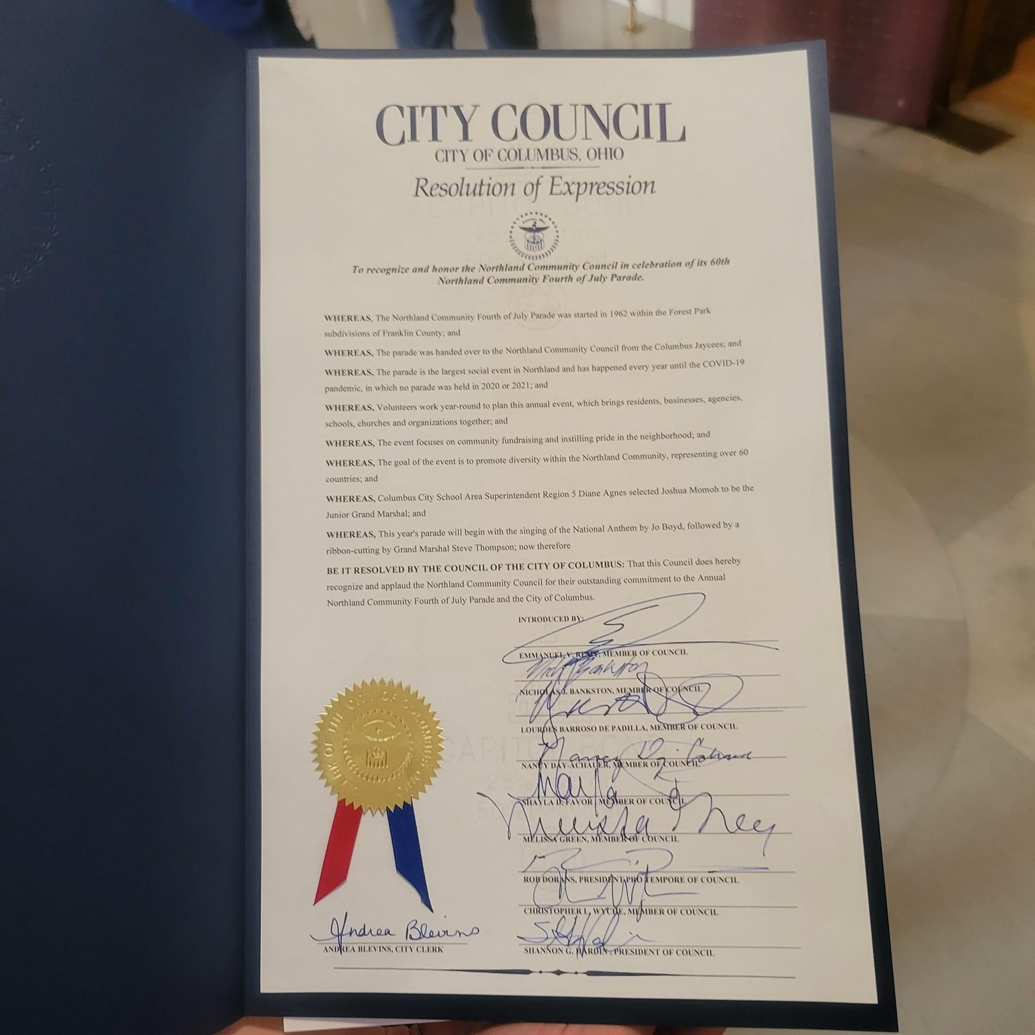 July 2024 Columbus City Council Resolution